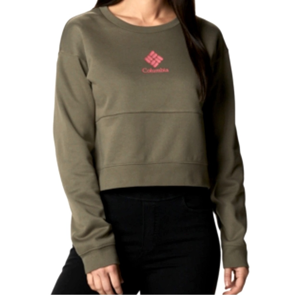 COLUMBIA TREK CROPPED SWEATSHIRT STONE GREEN MEDIUM PINK LETTERS LONG SLEEVE